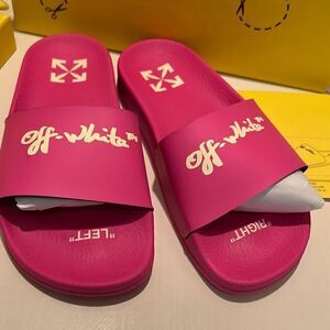 Off White Kids Size 1 Pool Slide Sandals Fuchsia Yellow Script Logo New In Box